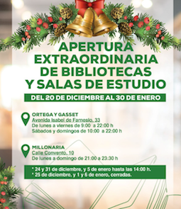 La Sala de Estudio La Millonaria abrirá hasta las 23:30 horas por los exámenes de enero